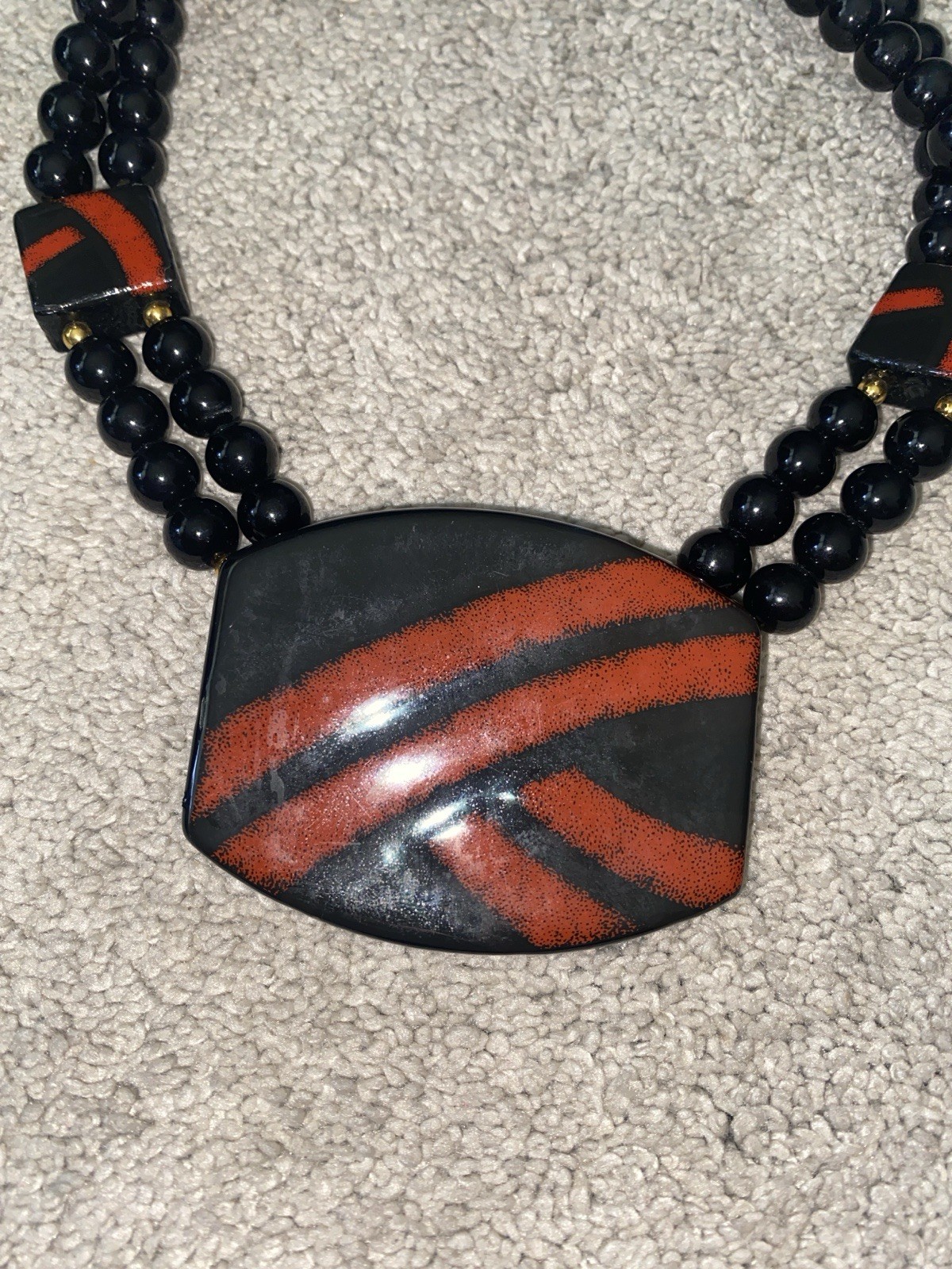 VTG Japan Beaded Statement Necklace Red Black Ceramic Pendant