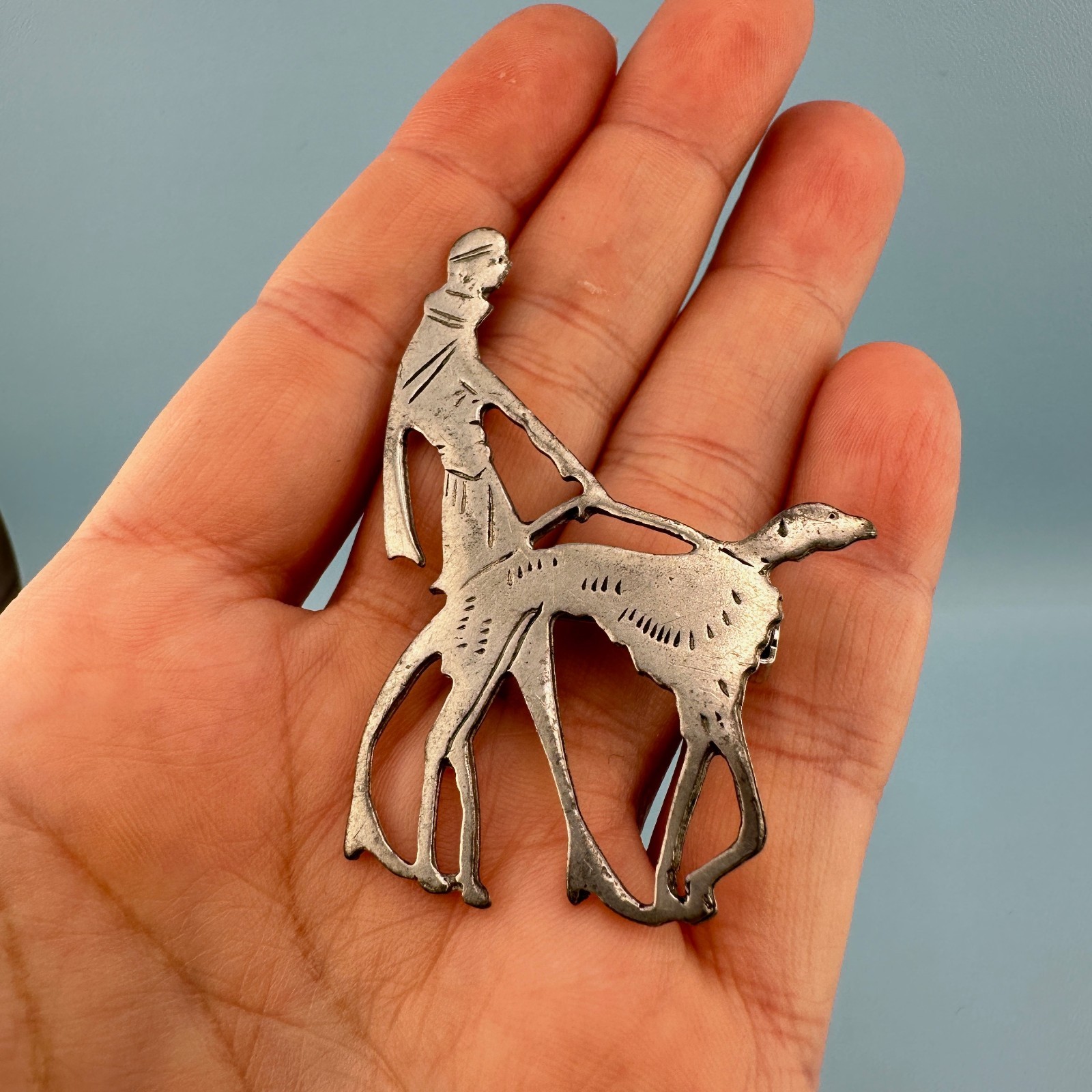 Vintage Brooch Vogue Magazine Art Deco Flapper Lady Walking Dog Silver Tone