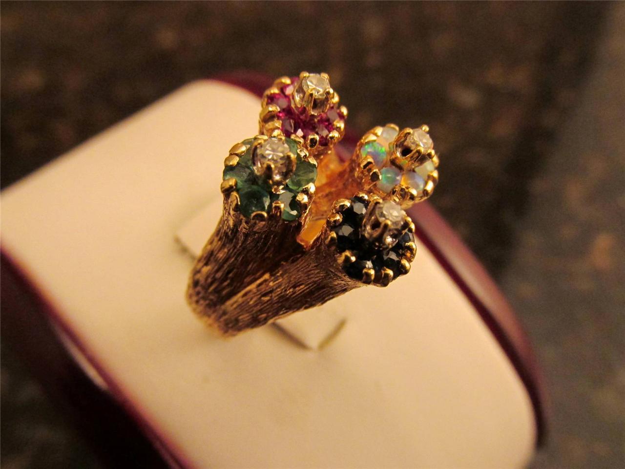 Vintage 14k Solid Gold Colorful Diamond Opal Emerald Sapphire Ruby Ring