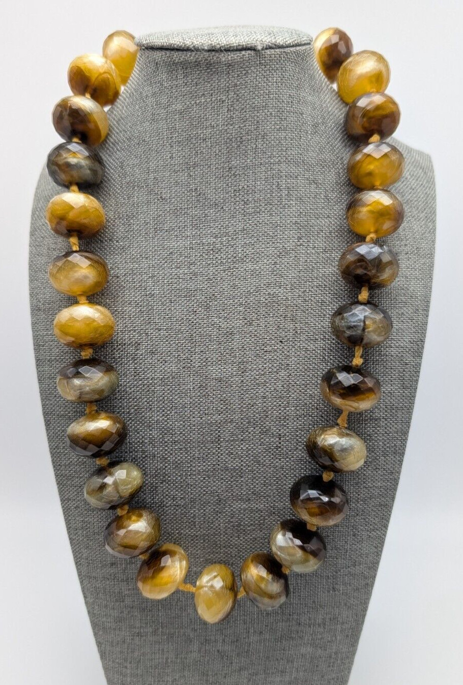 Chunky Hand Knotted Tan Brown Marble Swirl Plastic Faceted Beaded Necklace