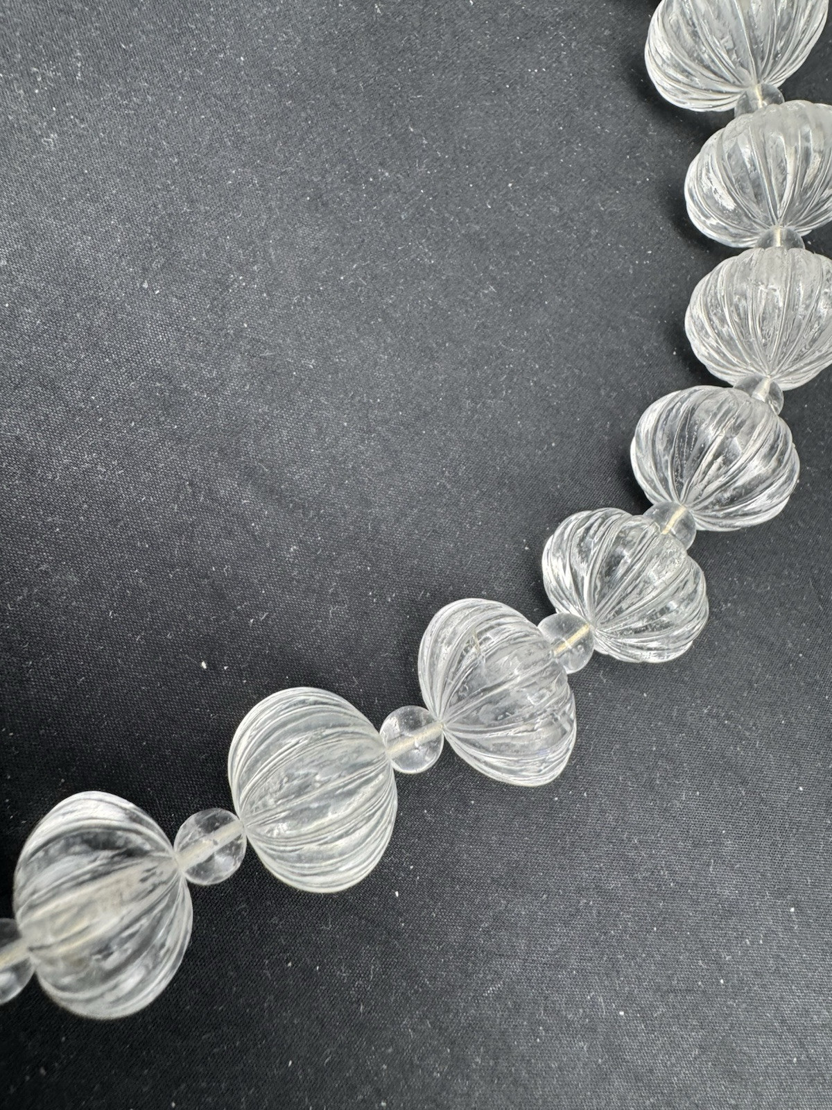 Vintage Hand Carved Rock Crystal MELON BEAD Necklace, 169 grams, 20″