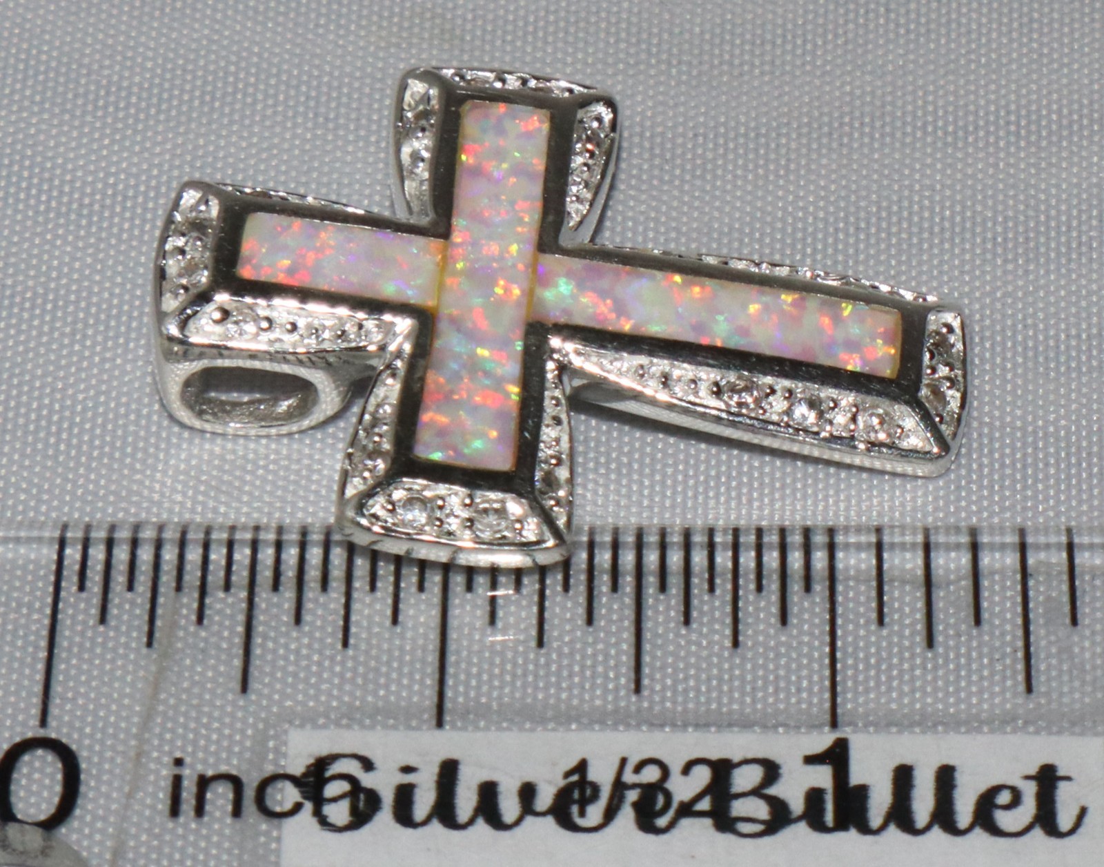 Vintage Sterling Silver Faux Opal Inlay Crystal Accent Cross Pendant Signed AK