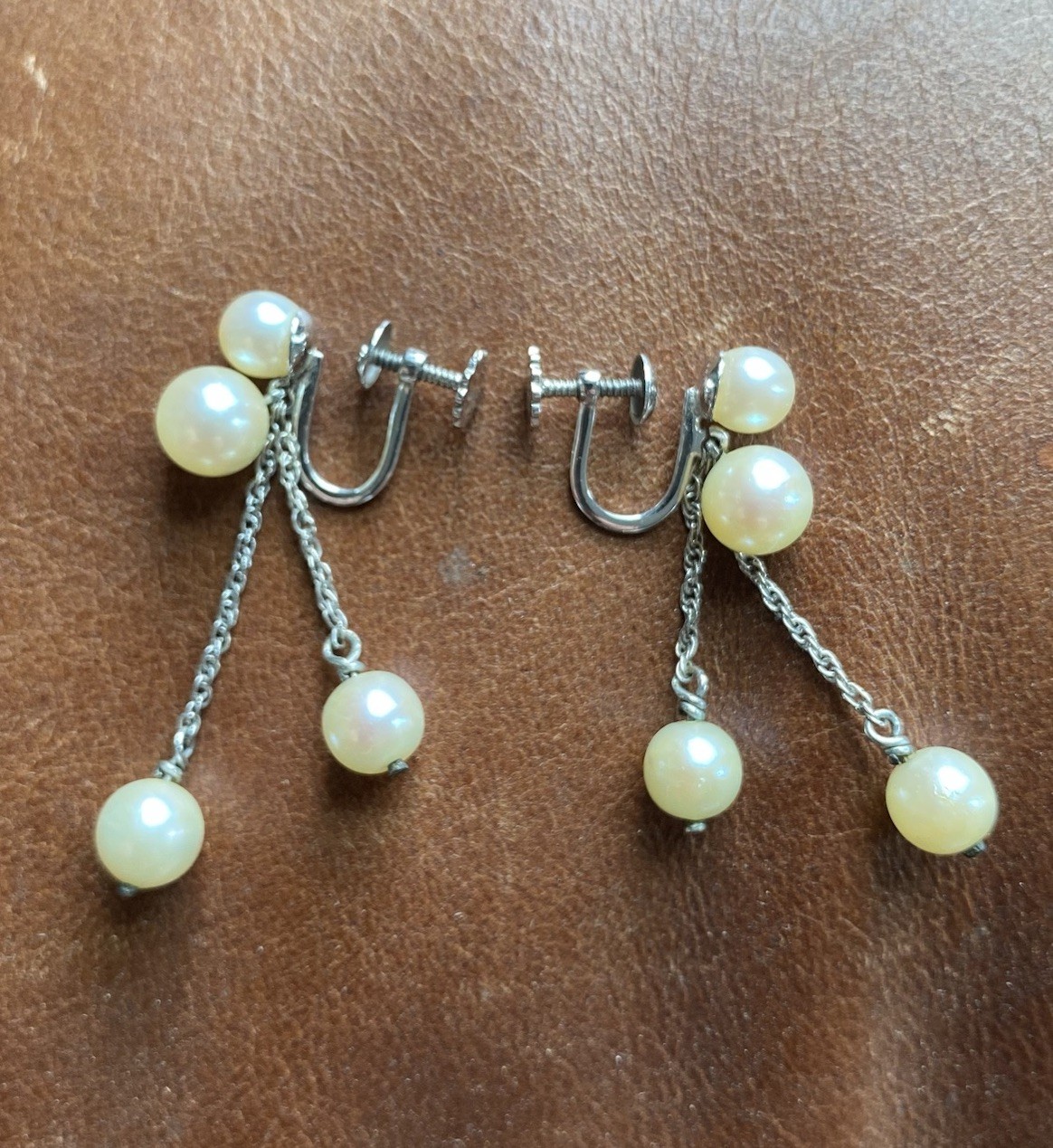 Earrings Champagne Pearls & White Gold 10K Dangle Drop w/ Screw Backs Vintage