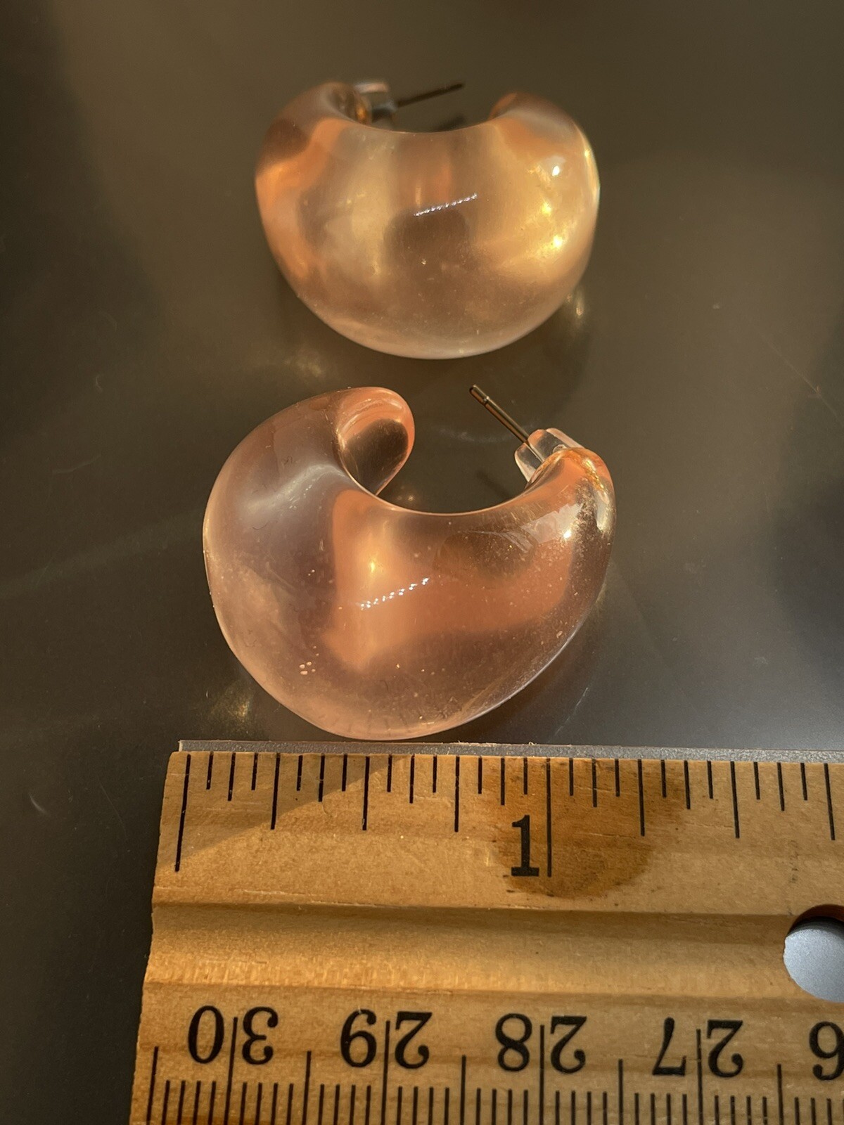Vintage Very Light Pink Clear Lucite Post Wide Open Hoop Drop 1.25” Earrings