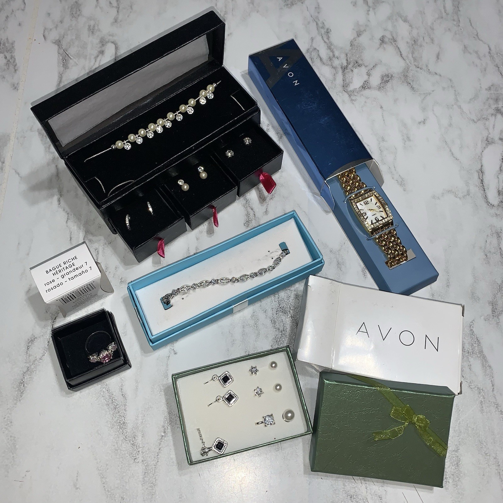 Avon Jewelry Lot Of 5 Pcs Vintage Ring Bracelet Watch Earrings