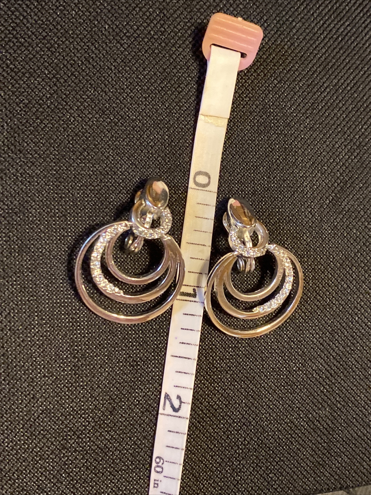 HMN Silver-tone with White Rhinestones Dangle Hoop Clip On Earrings