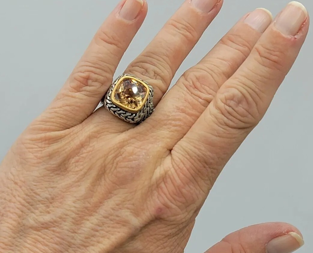 Vtg Ring Sz 7 Lg Citrine Topaz Amber Cubic Zirconia Medieval Jewelry Braid