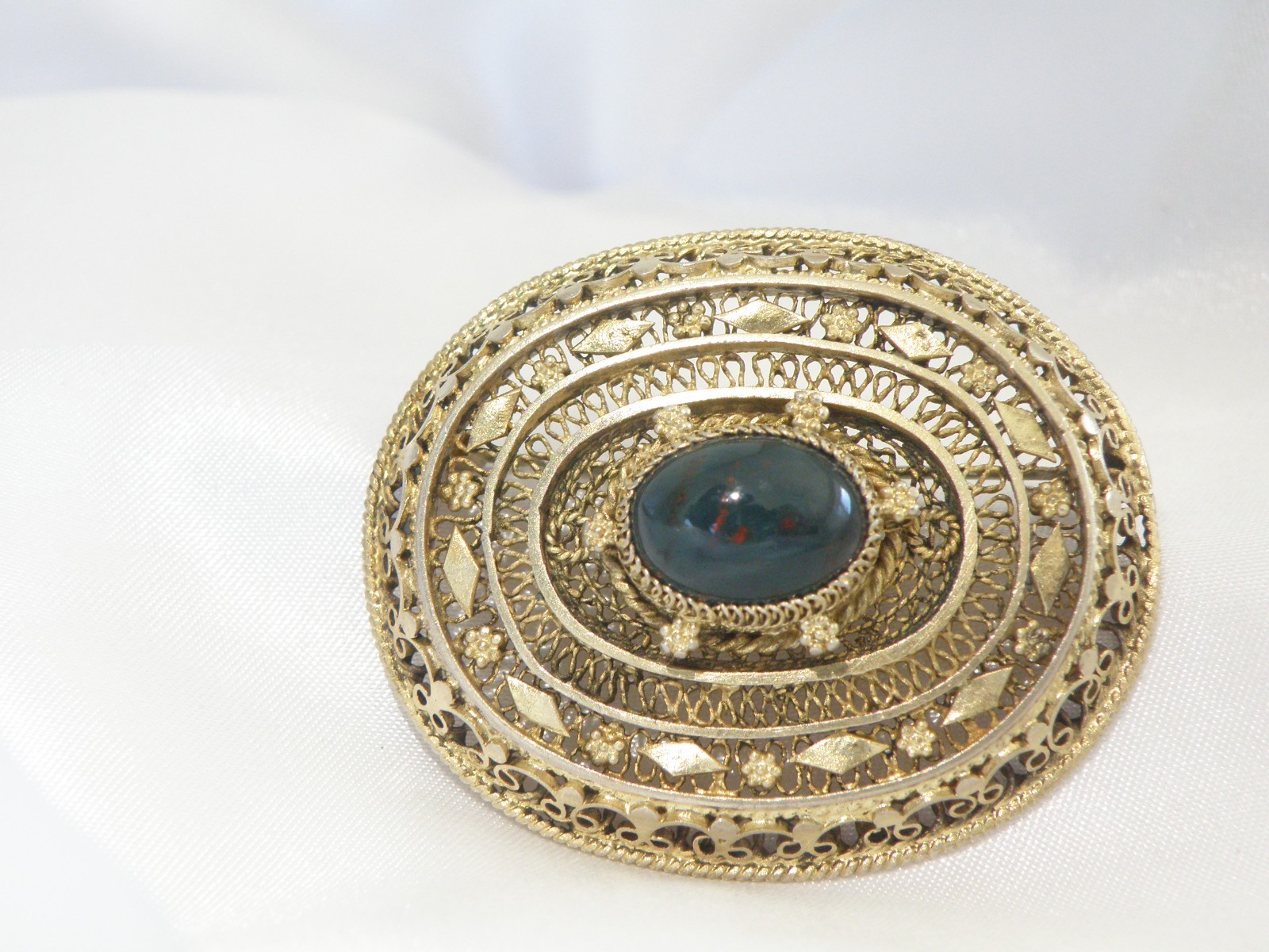 Vintage Silver Gold Plated Natura Bloodstone Large Filigree Brooch