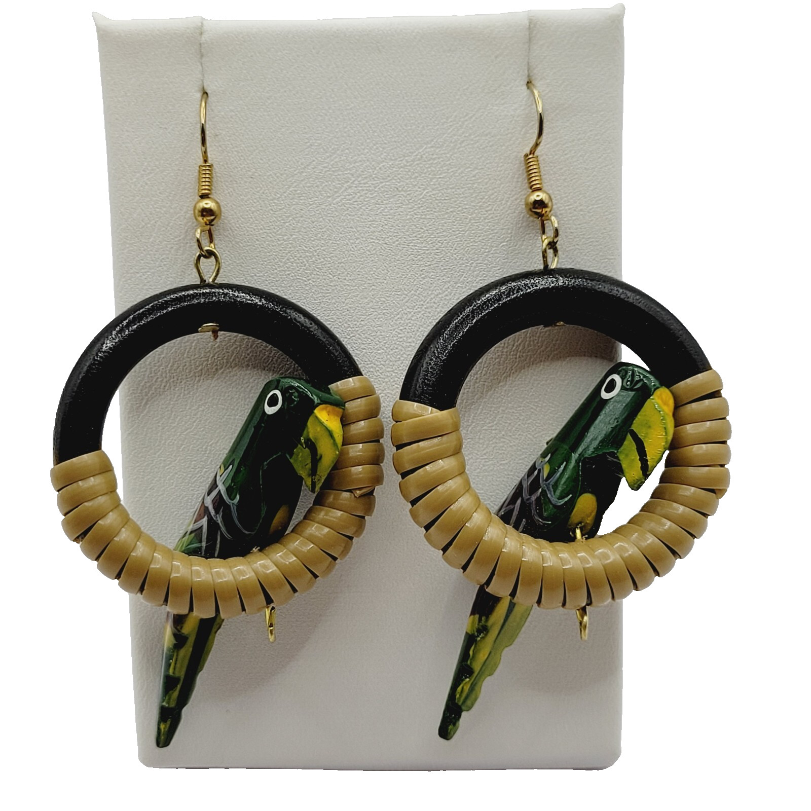 Parrot Macaw Tropical Hand Painted Carved Bird on Hoop Hook Pierced Vtg Earrings