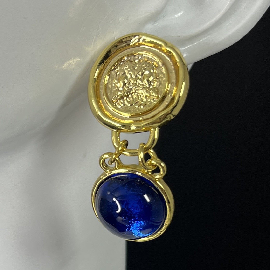 Gold Tone Etruscan Coin Dangle Earrings Blue Glass Cabochon Pierced Gripoix