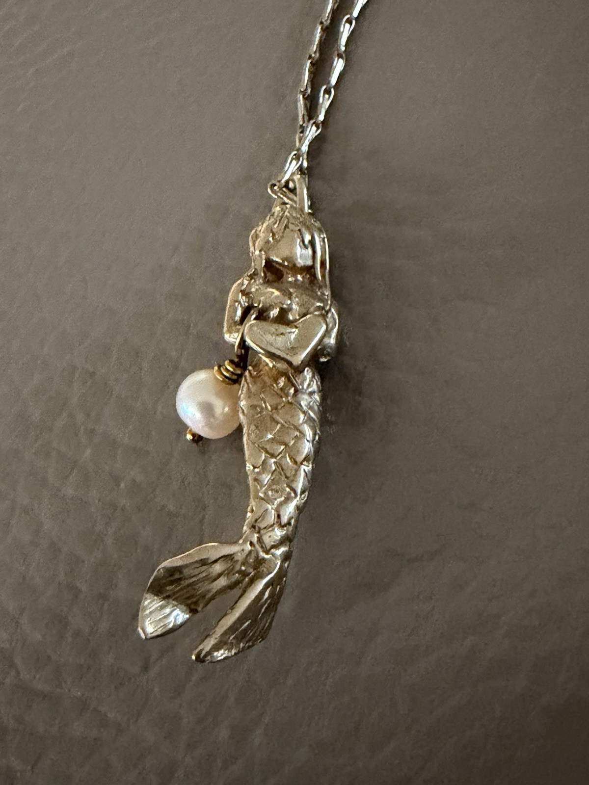 MERMAID with Pearl Gold Filled PENDANT on Gold Plate CHAIN Holding Heart