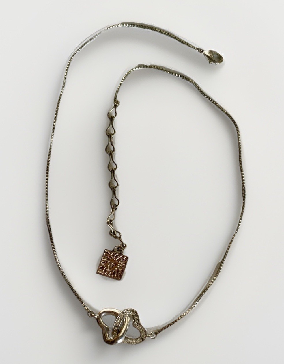 Vtg Adjustable Anne Klein Silver Tone Interlocking Heart Necklace, 16″ – 18-3/4″