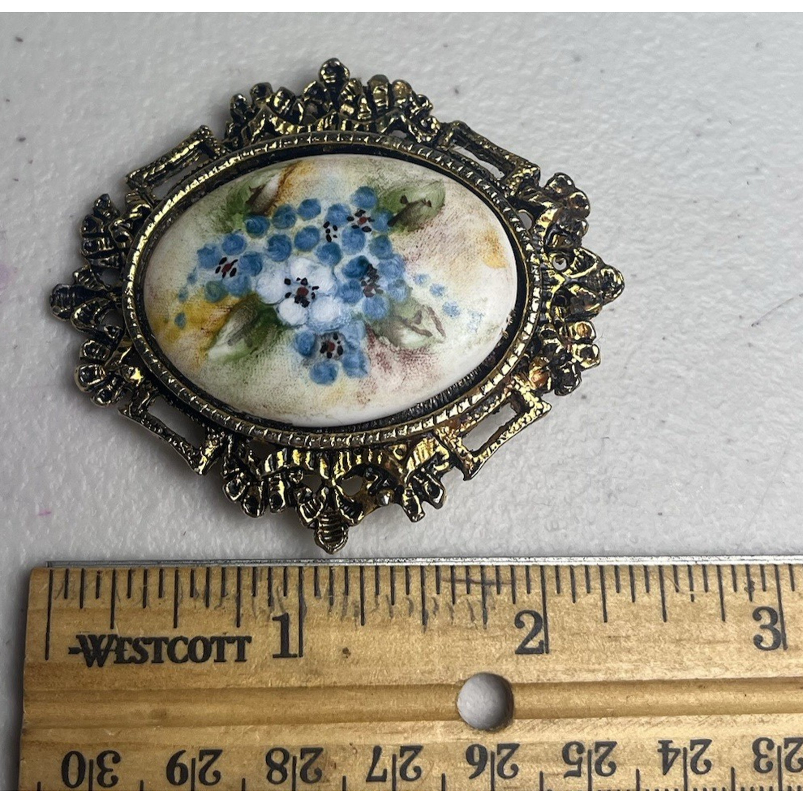 Vintage Hand Painted Violet Blue Forget Me Knots on Porcelain Pendant Pin Brooch