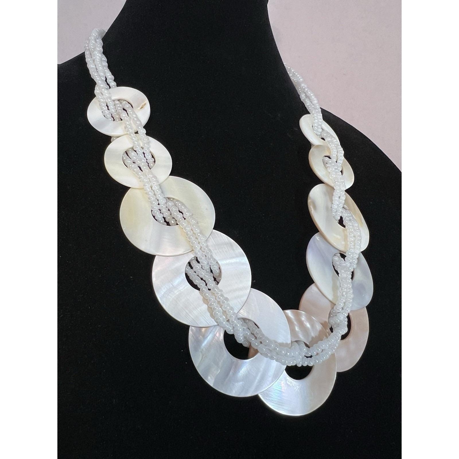 VTG Multi-strand Necklace Mother of pearl shell discs woven Statement necklace