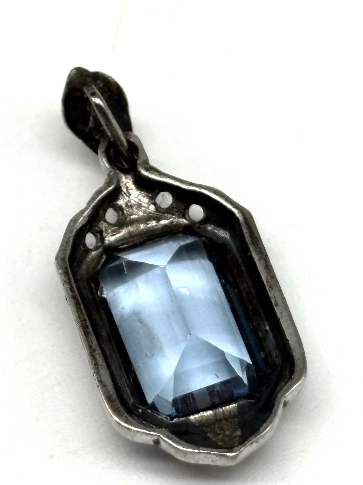 German Art Deco Pendant 835 Silver Ornate Blue Crystal Emerald Cut Vintage
