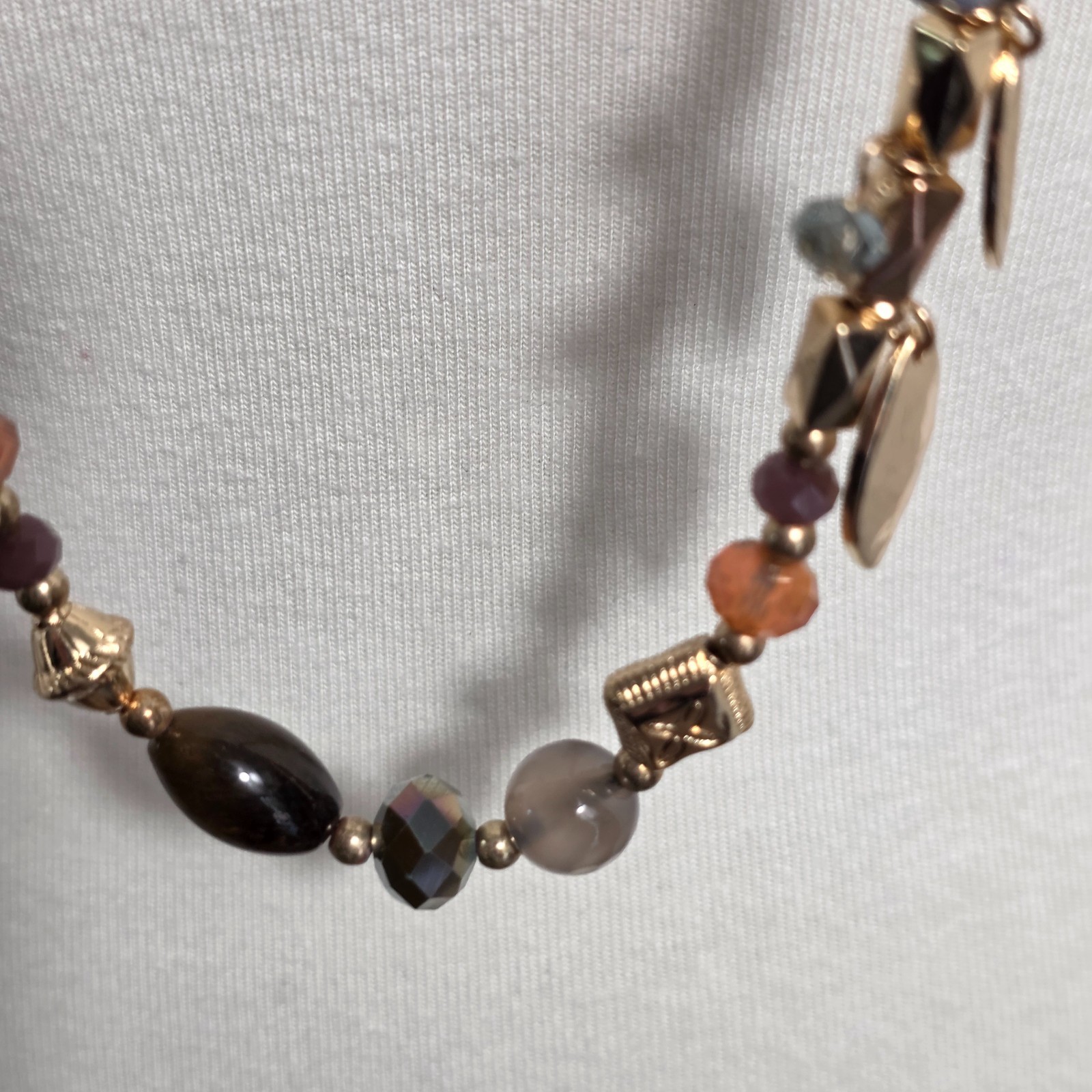 Cato Long Gold Tone Fashion Necklace Multi-Colored Beads & Leaf Charms