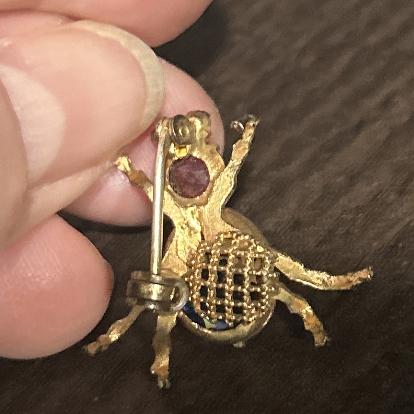 Antique Bug Insect Fly Brooch Pin Cobalt Blue Purple Rhinestones Brass Tones