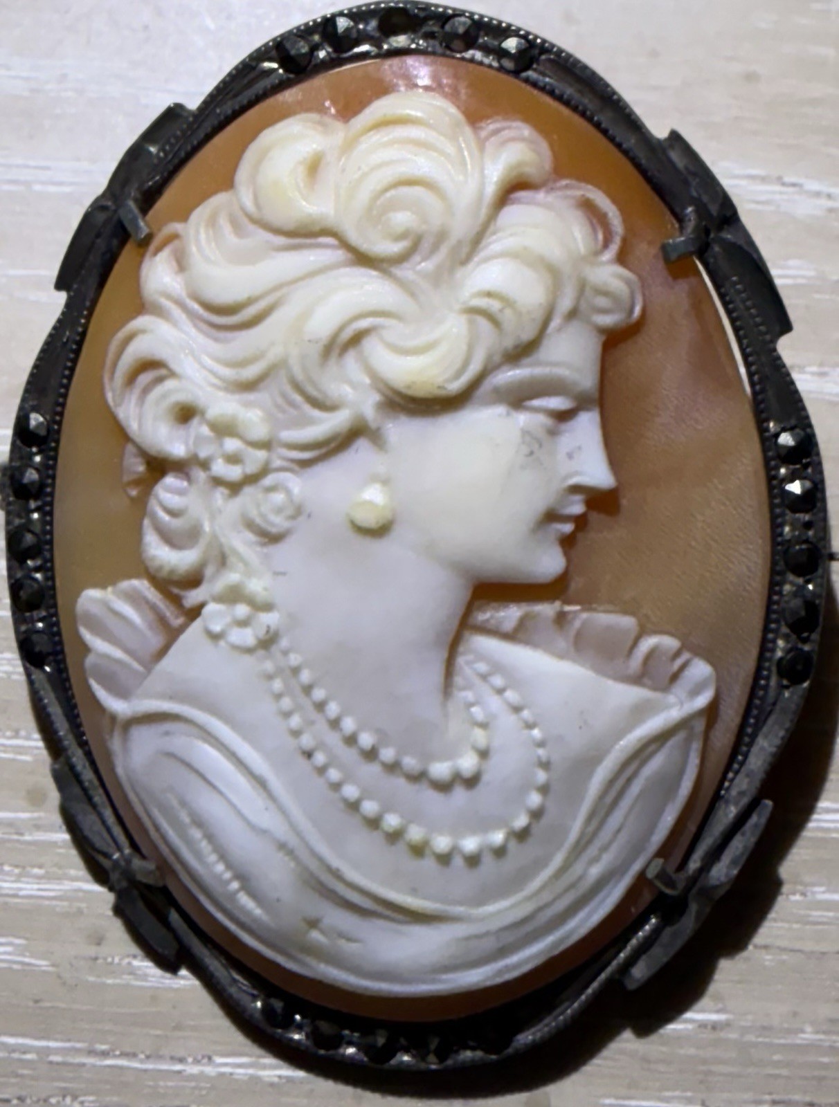 Antique Victorian Oval Shell Cameo Brooch Pendant, 800 Silver Frame, Brown/White