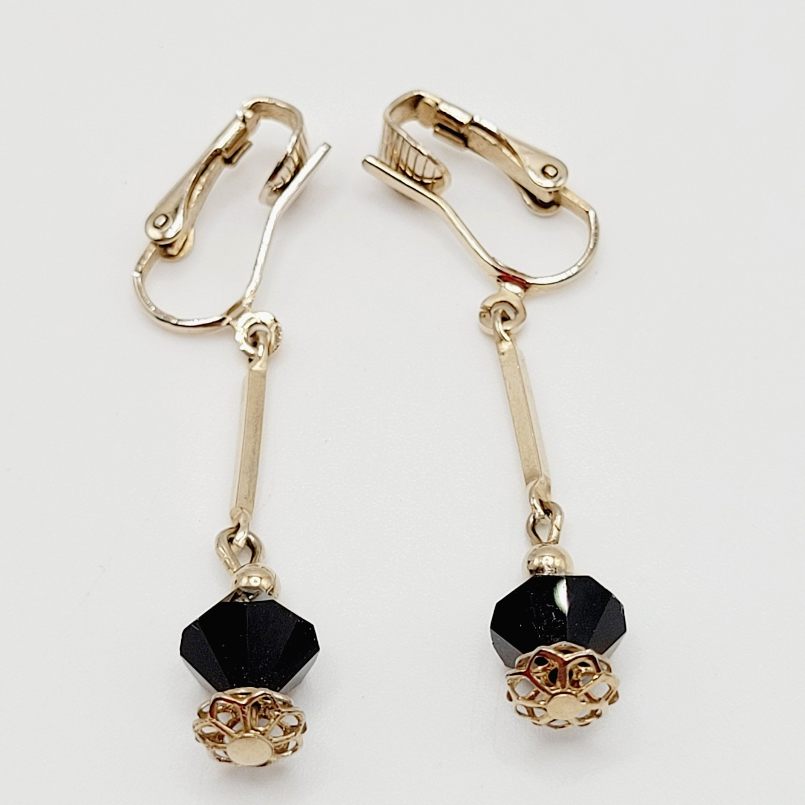 Minimalist Art Deco Drops Black Bicone Crystal Gold Tone Vtg Clip On Earrings