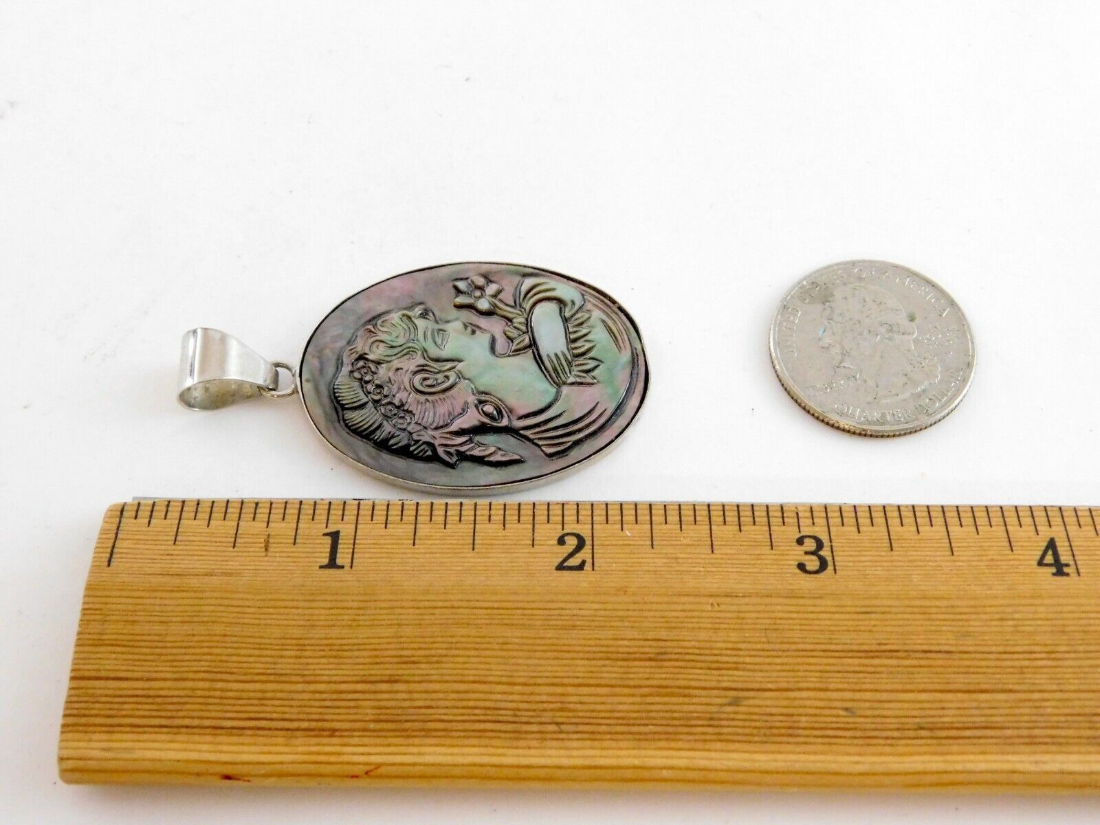 LS China Silver Tone Metal and Carved Abalone Shell Cameo Pendant 6.5g 2 Inches