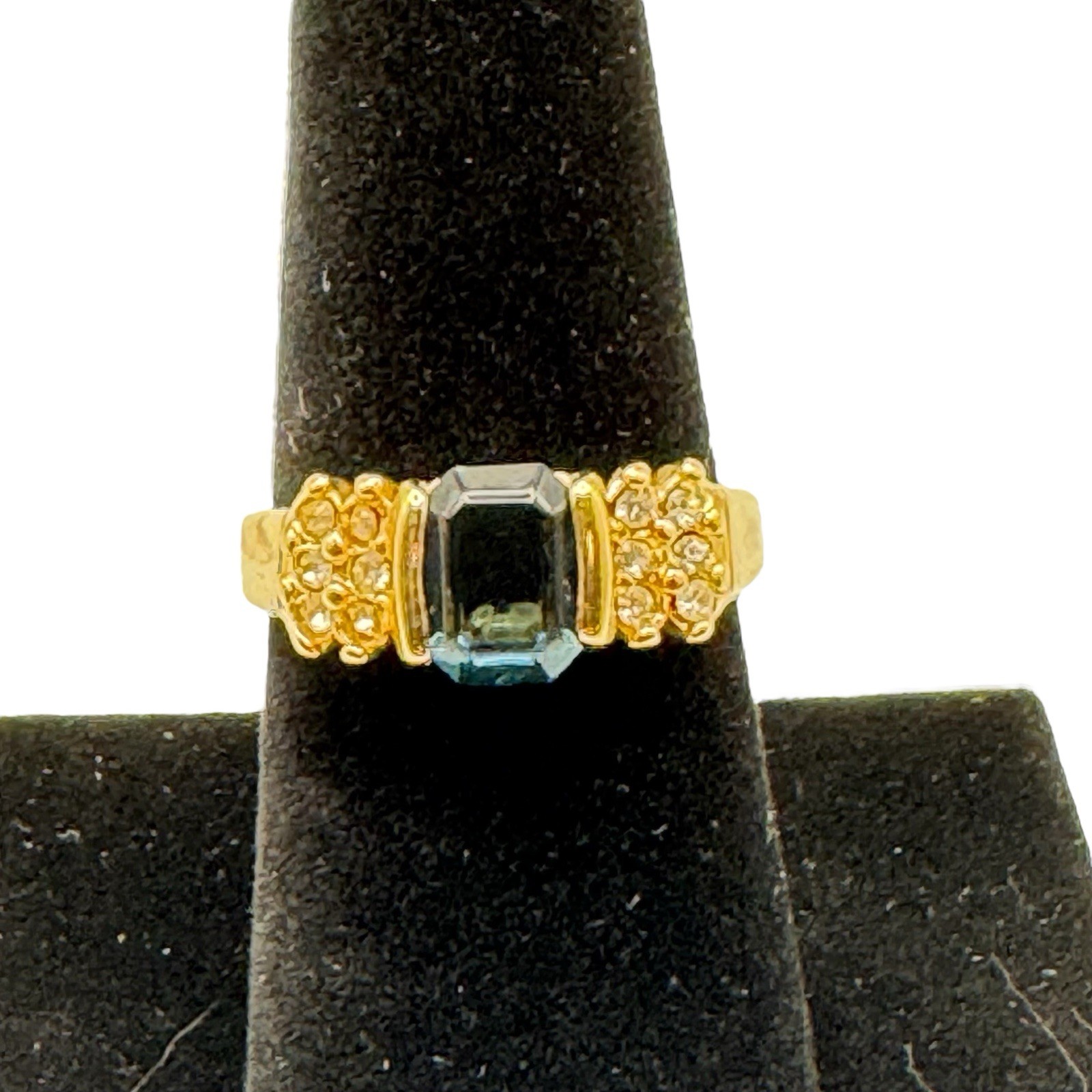 18k GE Ring Gold Electroplate Blue Rectangle w/ small white stones Size 8