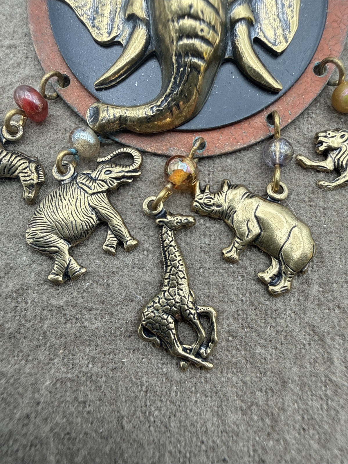 Vintage Safari Pin Gold Tone Dangle Animal Charms Brooch Pin