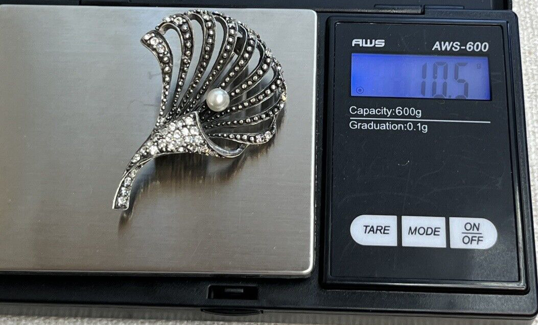 Floral 925 Sterling Silver & Clear Rhinestones Brooch Pin With Single Pearl