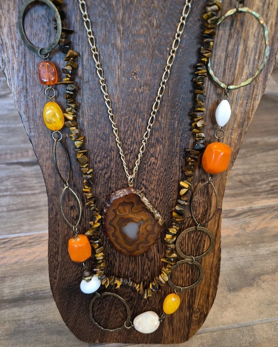 Vintage Stone & Mixed Metal Necklaces, Chipped Tiger’s Eye & Agate Slice Pendant