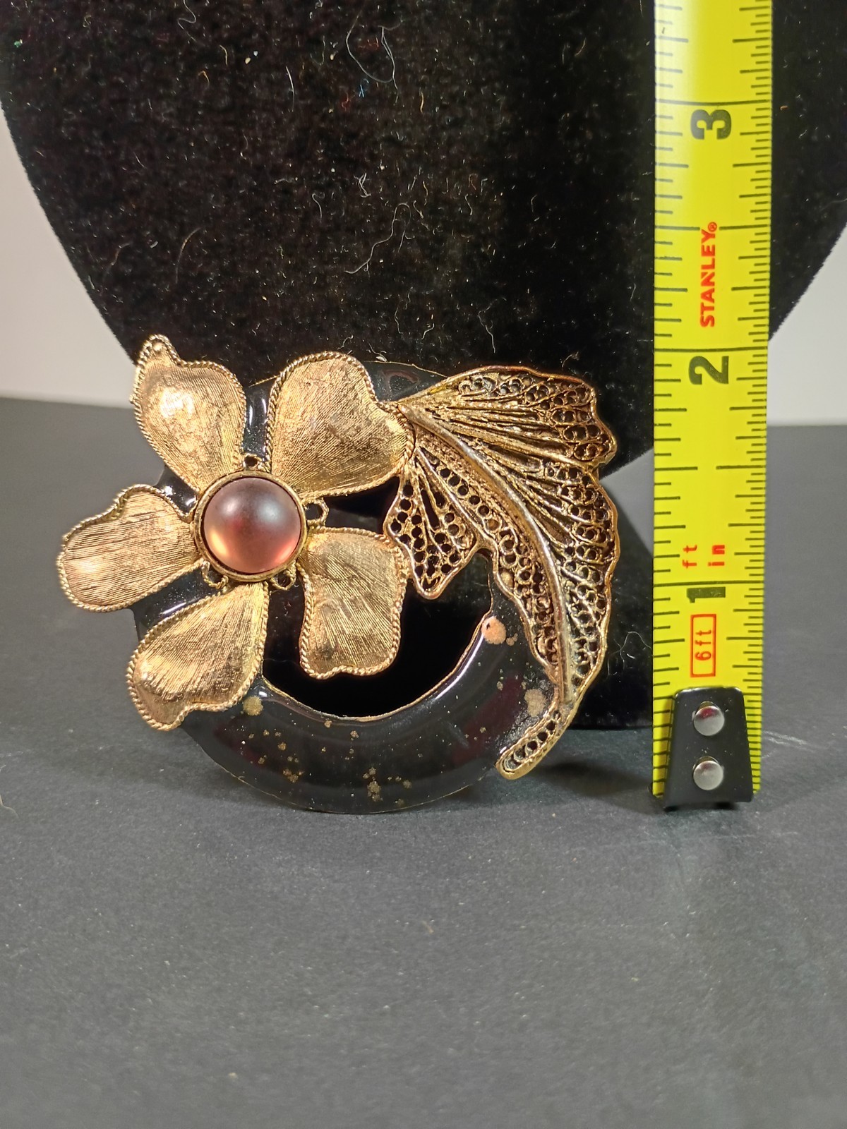 Vintage Ornate Filigree Copper Brass Mixed Metal Floral Gem Victorian Brooch