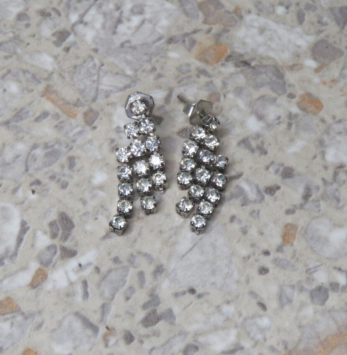 VTG Silver Rhinestone Triple Row Dangle Drop Tassel Post Pierced Earrings 1″