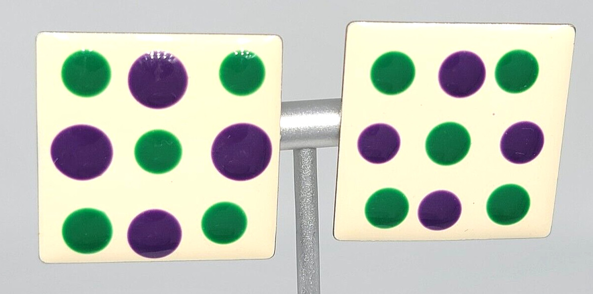Polka Dot Earrings Purple Green White Enamel Mod Silver Tone Pierced Vintage