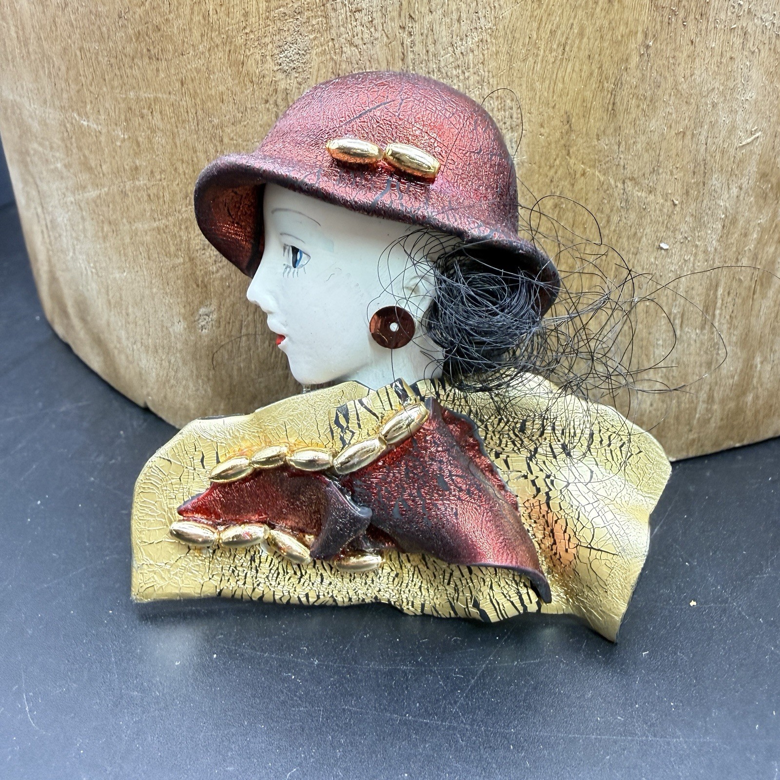 Vintage Lady Face Brooch Red Hat Gold Crackle Resin 1980s Art Deco Style Pin
