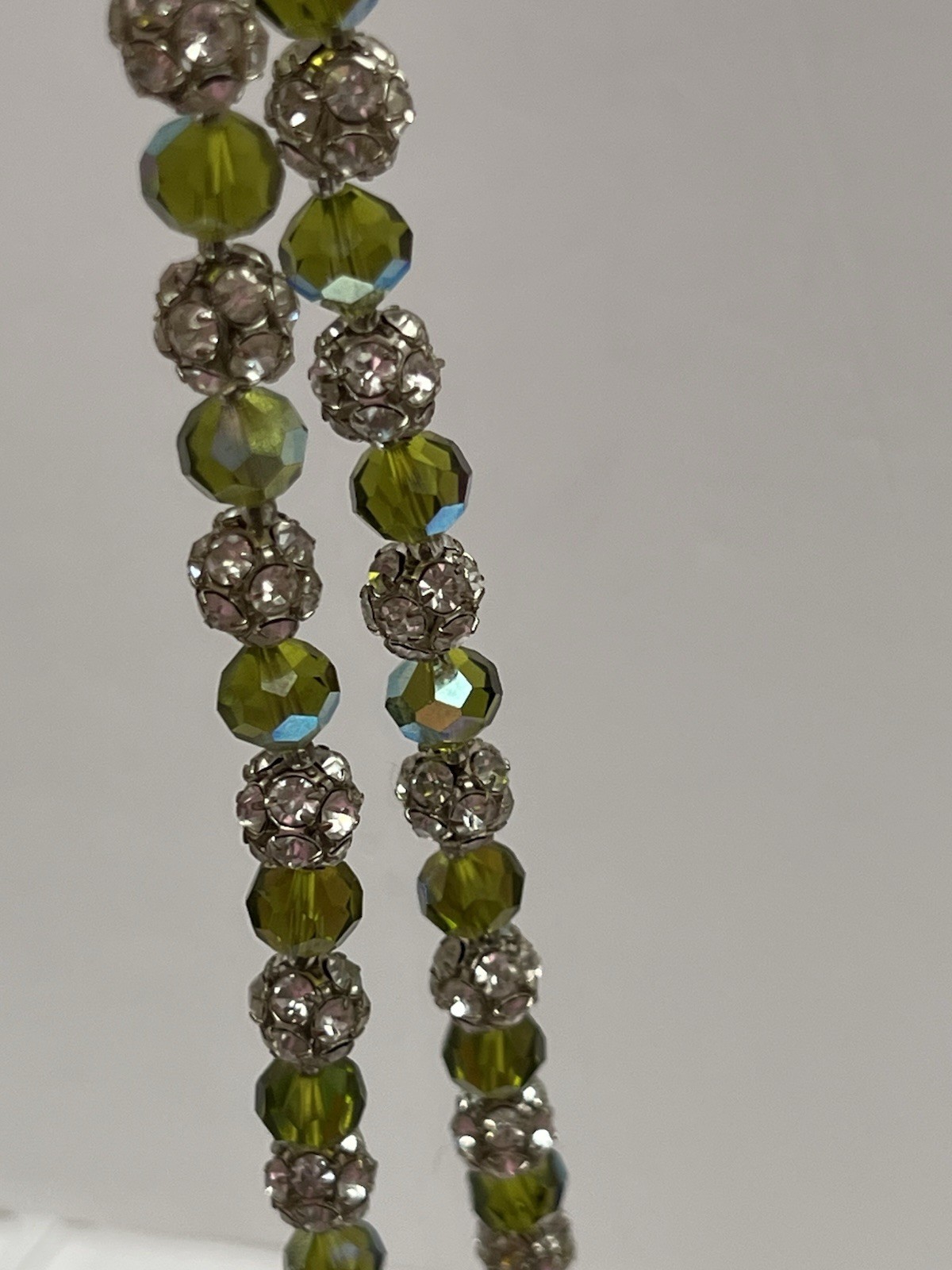Vintage Olive Green Faceted Glass & Rhinestone Bead Necklace 22”