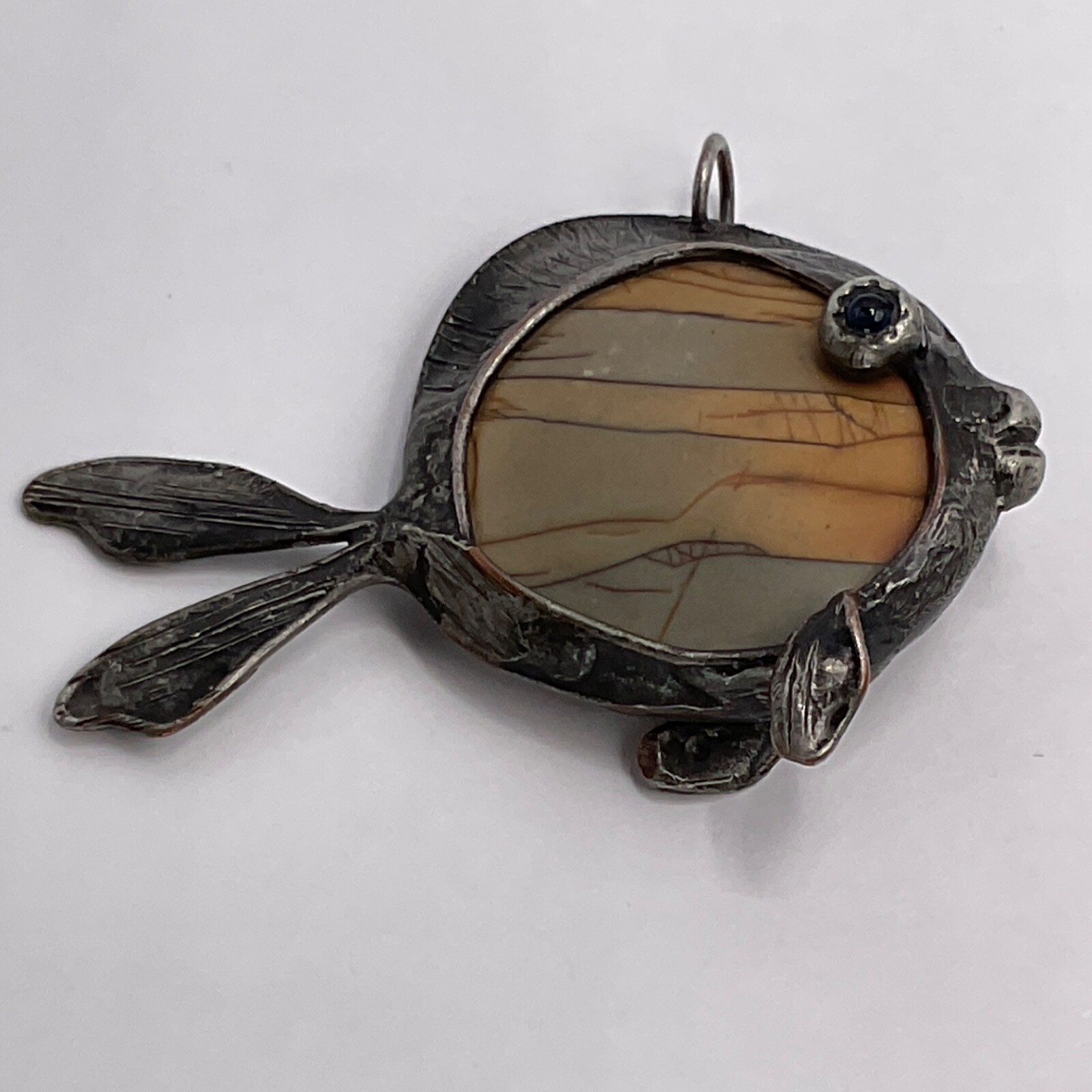 VTG Pendant Fish Jasper Gem Stone Metal Copper Artisan Handmade One of a Kind