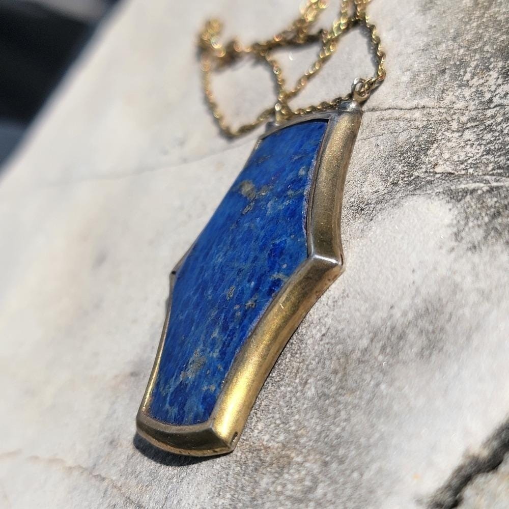 Vintage Lapis Lazuli Modernist Pendant Necklace Gold Filled Chain Blue Stone