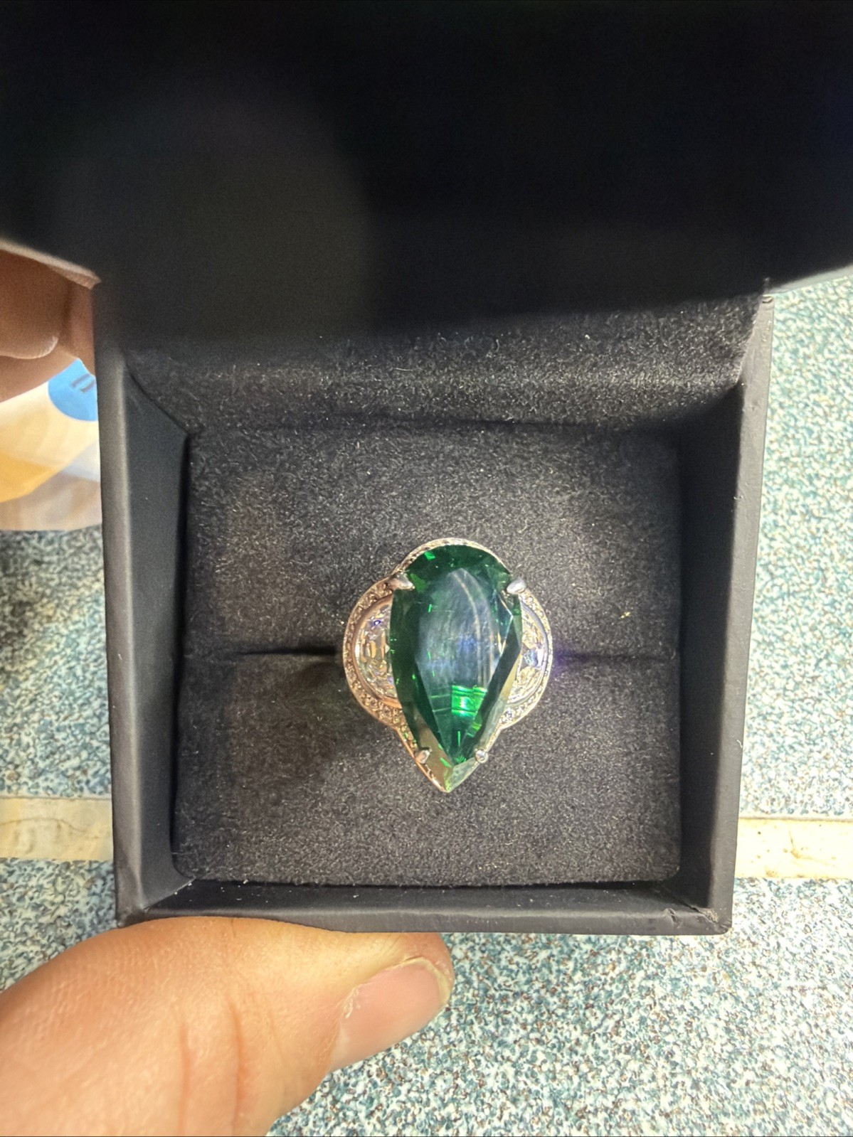 Daniel K Designer Sterling Silver 925 Pear-Cut Green Stone & Half-Moon Ring
