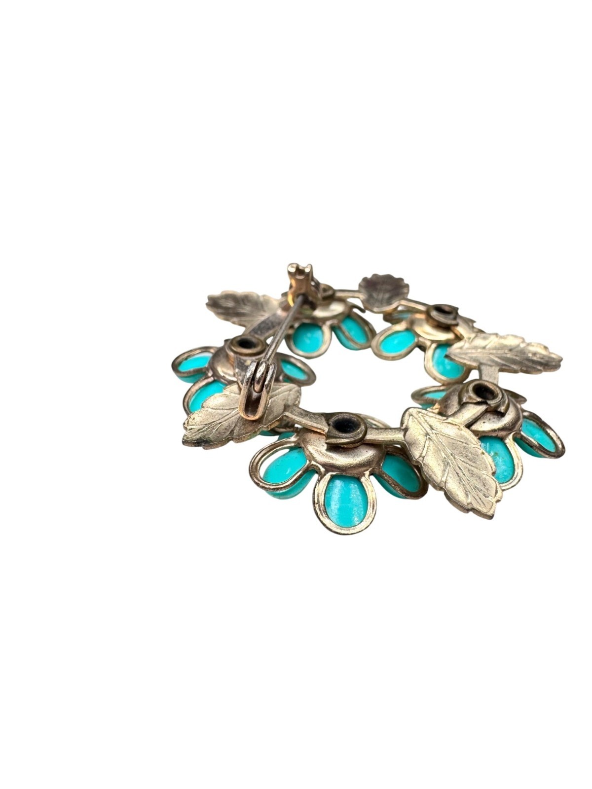 Unsigned Brooch Teal Acrylic Flower Wreath Crystal Gold Tone Floral 1960s Vintag