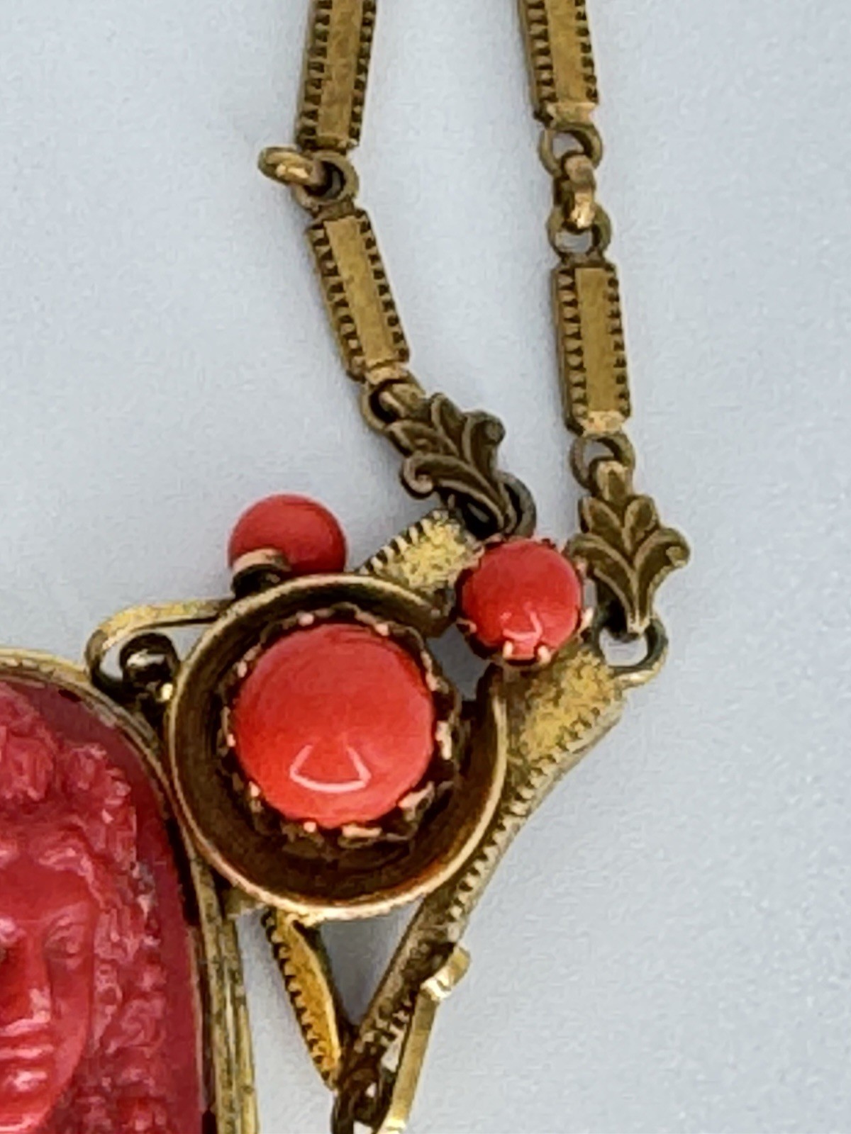 Vintage 1920s-1930s Art Deco Czech Faux Coral Cameo Brass Tassel Necklace