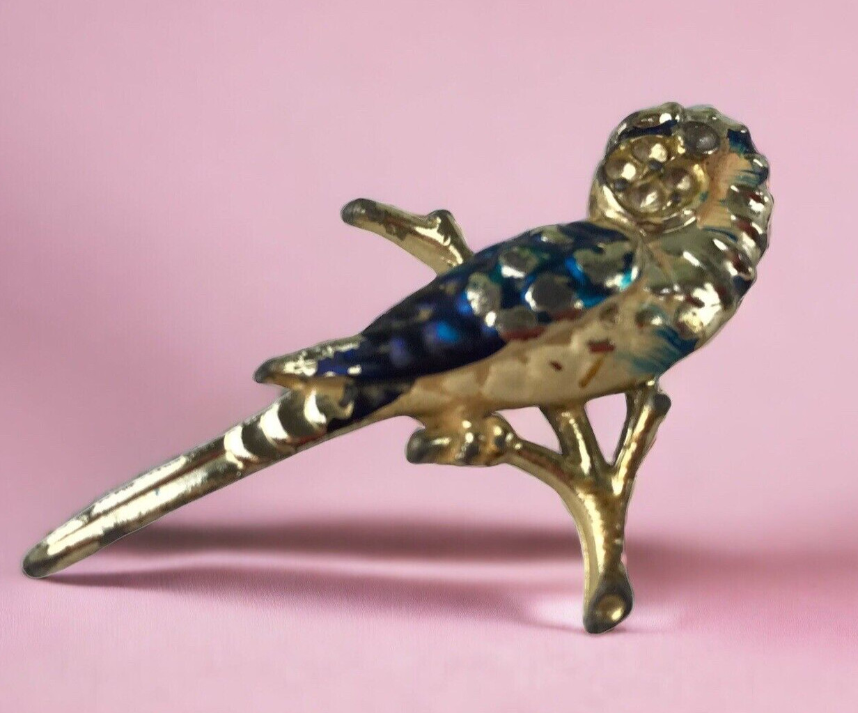 Vintage Estate Jewelry Enamel Rhinstone Parrot Bird Brooch Pin