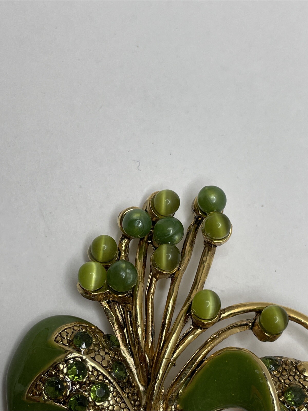 Vintage Green Enamel Floral Brooch Pin with Green Rhinestones and Cabochons RARE