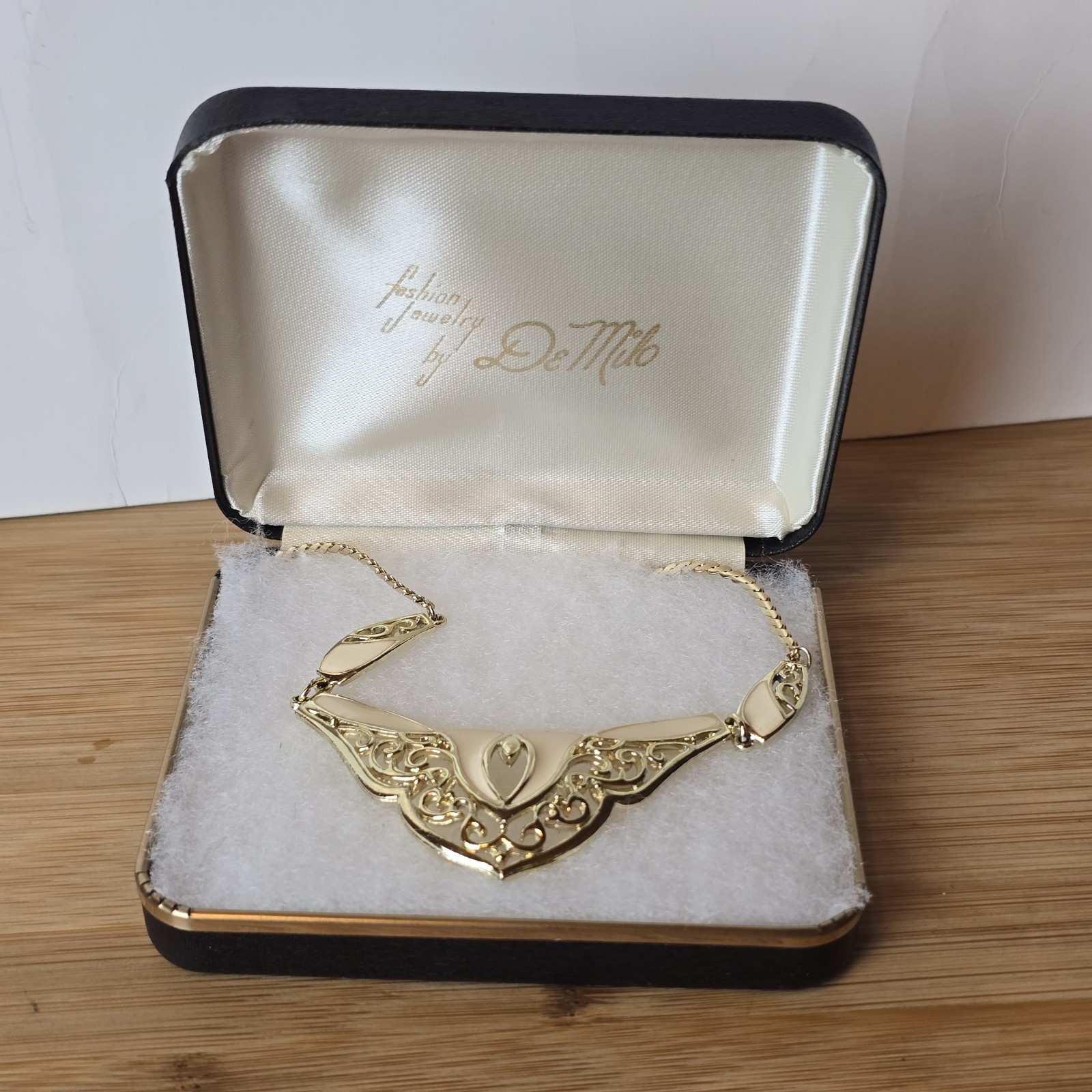Vintage DeMilo Ivory Enamel Filigree Bib Necklace Statement Collar Art Nouveau