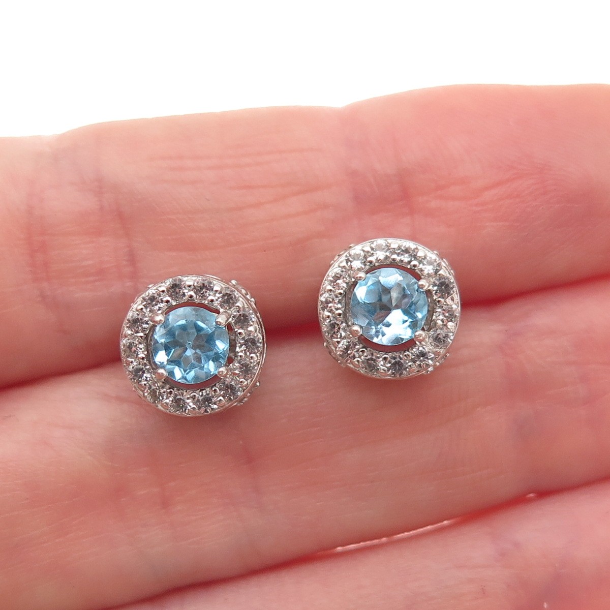 925 Sterling Silver Vintage Real Round-Cut Blue & White Topaz Stud Earrings