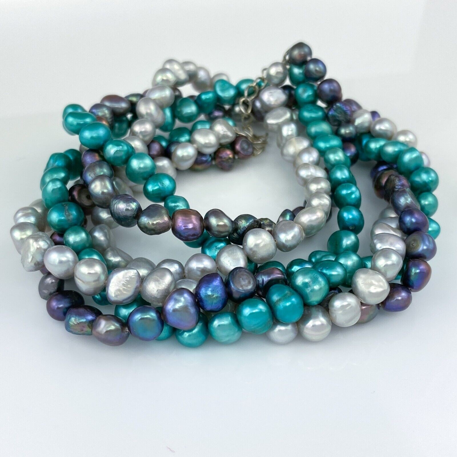Vintage Sterling Silver 925 Purple Gray Blue Pearl Necklace 17″-18.5″