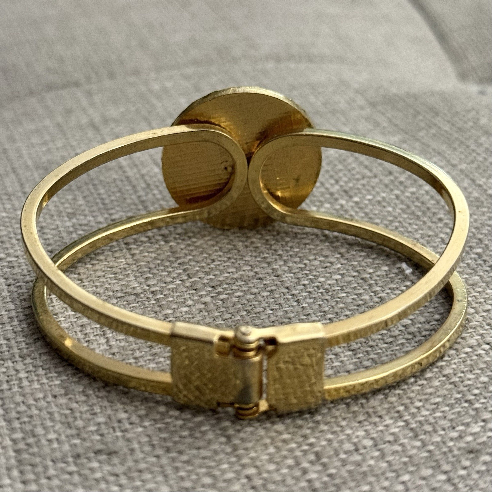 Vintage Needlepoint Hinged Clamp Style Bracelet – Floral Gold Tone – London 1971