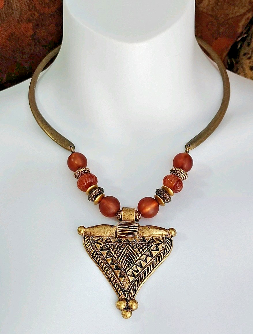 Vintage Signed ORENA PARIS Tribal Beaded Pendant Necklace Bold Revival Runway