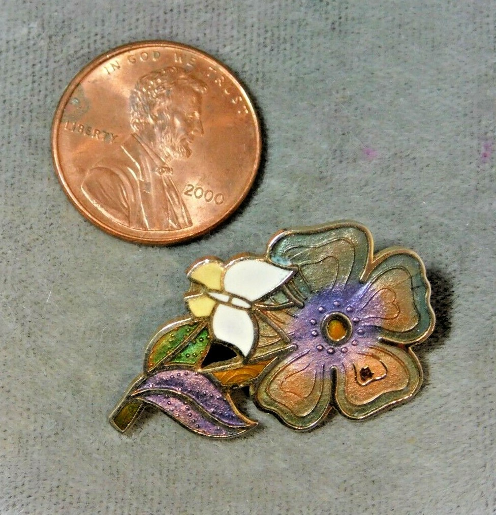 Vintage Purple Green White Daffodil Flower Butterfly Cloisonne Enamel Brooch