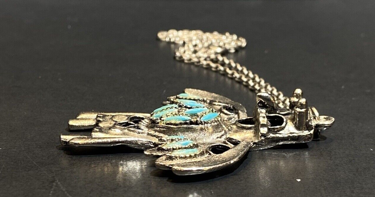 VTG Thunderbird Kachina Pendant Necklace Faux Turquoise Silver Tone Southwestern