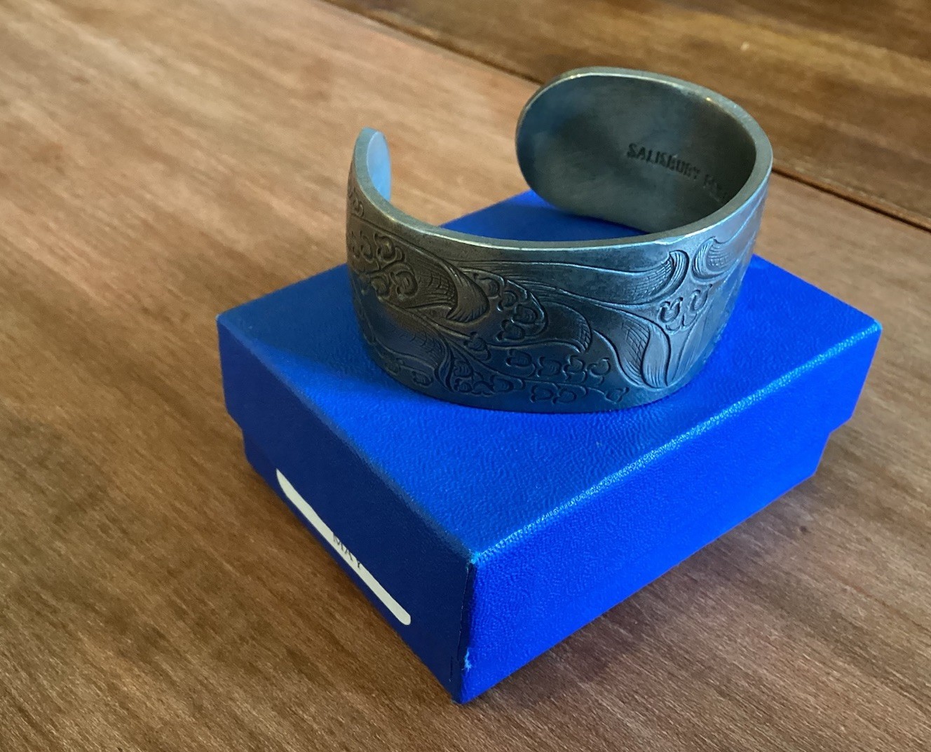 Salisbury Pewter Cuff Bracelet May Birthday Lily of the Valley + Box+Care Inst.