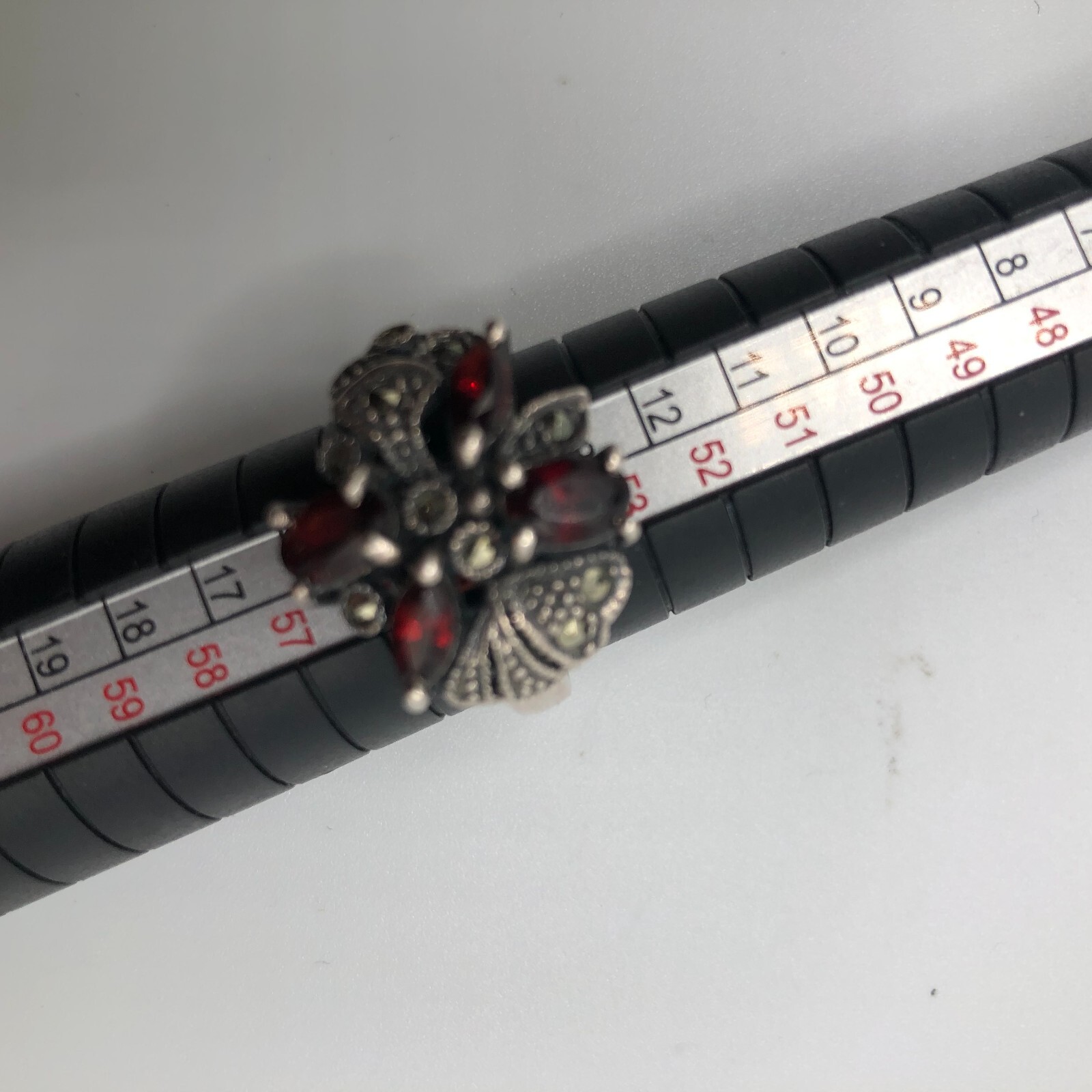 Art Deco Garnet Marcasite Ring 4 Asymmetrical stones different shapes 925 size 7