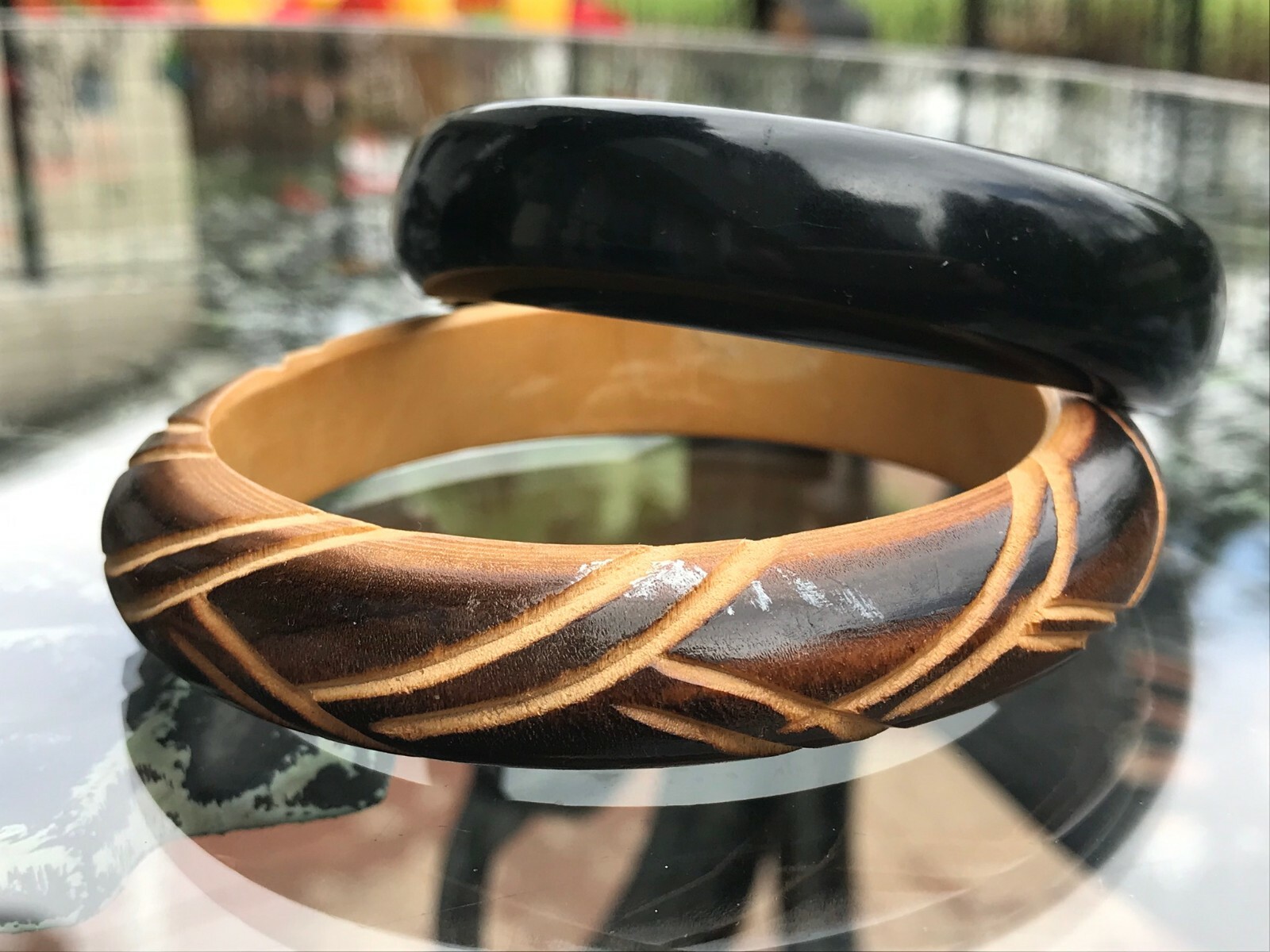 Vintage Bangles Mixed Pair, Lucite and Wood